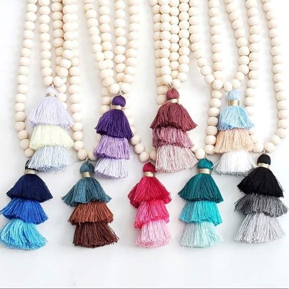 Jewelry - Jane 3tier Wood Bead purple Tassel Necklace